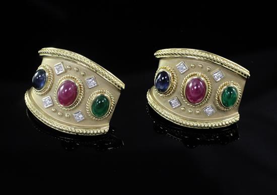 A stylish pair of 18ct gold, diamond and graduated cabochon gem set earrings, 28mm.